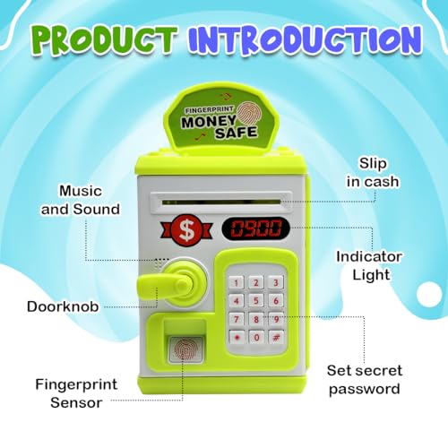 Gooyo GY-3011 Toy Money Bank with Fingerprint Sensor & Password Protection Feature | Money Safe Toy with Sound Effects | Money Saving Toy for Kids | Green, Power Source : 3xAA Batteries (Not Included) - Image 2
