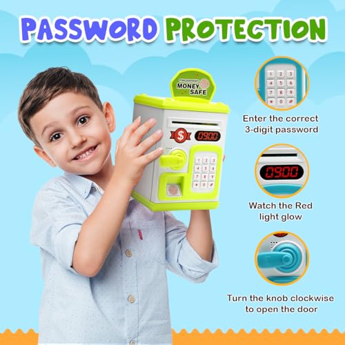 Gooyo GY-3011 Toy Money Bank with Fingerprint Sensor & Password Protection Feature | Money Safe Toy with Sound Effects | Money Saving Toy for Kids | Green, Power Source : 3xAA Batteries (Not Included) - Image 4