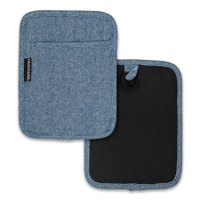 Frigidaire Sasha 2-Pack Cotton and Neoprene Pot Holders, Heat Resistant, Anti-Slip, Machine Washable, 7" x 9", Denim, Set of 2
