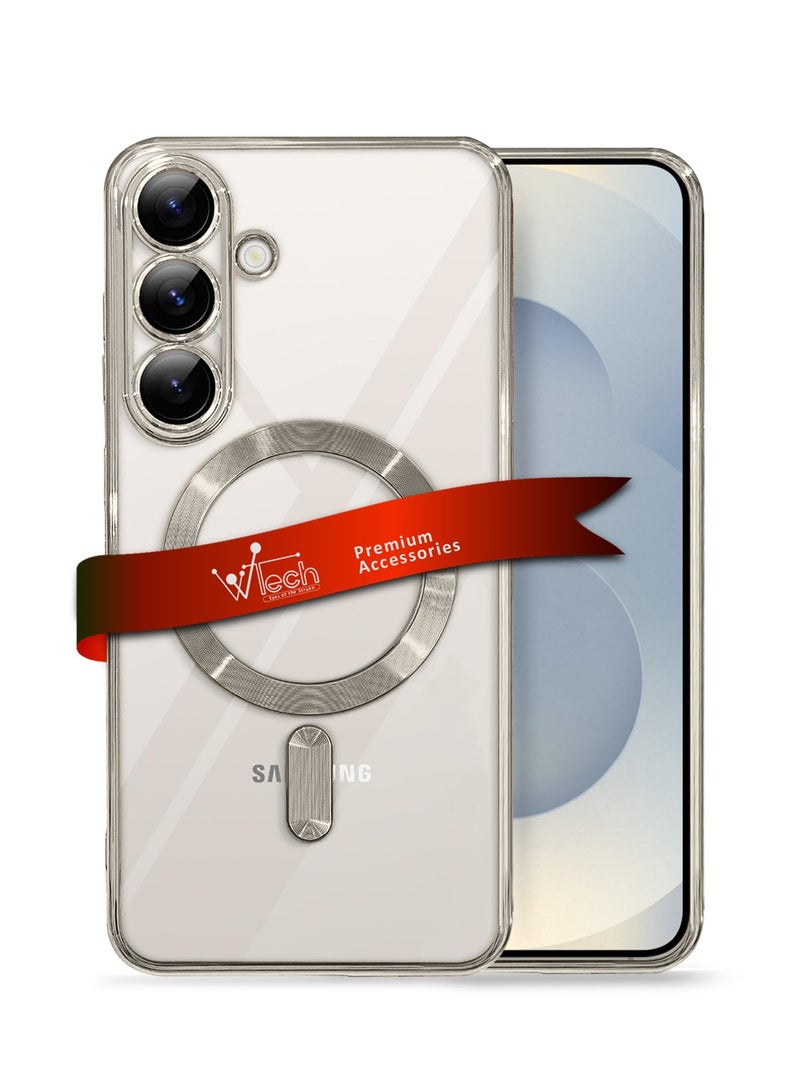 Wtech Samsung Galaxy S25 Plus / S25+ 2025 Magsafe PU Luxury Plating Raised Lips Camera Hole Case Cover - Clear/Natural Titanium - Image 1