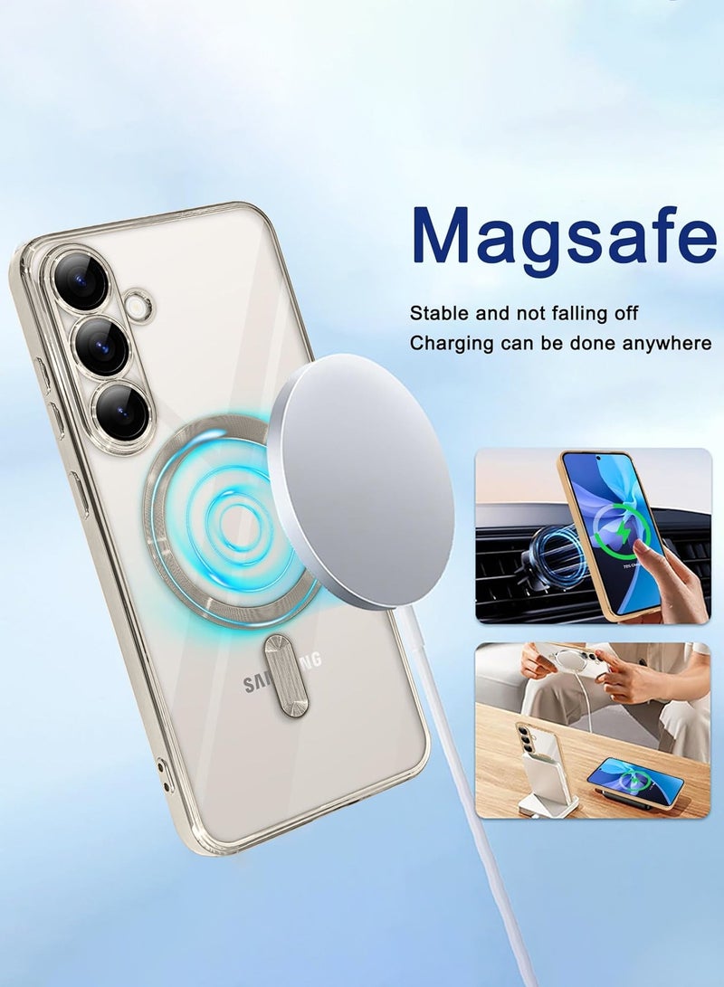 Wtech Samsung Galaxy S25 Plus / S25+ 2025 Magsafe PU Luxury Plating Raised Lips Camera Hole Case Cover - Clear/Natural Titanium - Image 3