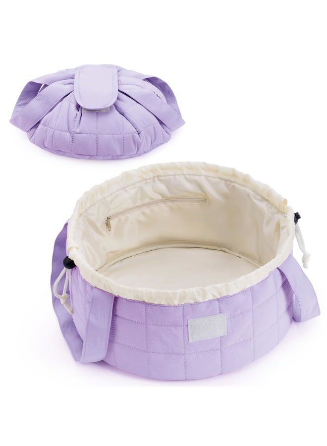 Narwey Quilted Barrel Drawstring Makeup Bag Large Cosmetic Bag Make up Bags Toiletry Bag Travel Bags for Toiletries Organizer for Women Gift for Teen Girls, Purple - Image 1