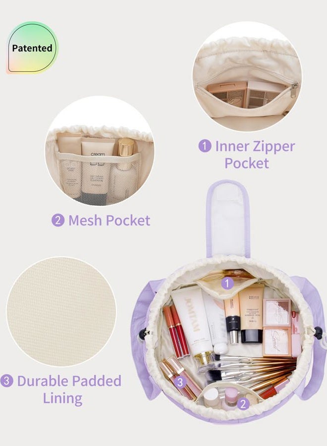 Narwey Quilted Barrel Drawstring Makeup Bag Large Cosmetic Bag Make up Bags Toiletry Bag Travel Bags for Toiletries Organizer for Women Gift for Teen Girls, Purple - Image 3