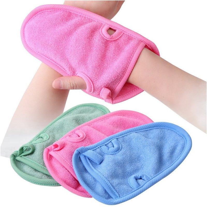 Erioctry 3PCS Reusable Bathing Shower Mittens Soft Back Rubbing Gloves Exfoliating Body Wash Massage Spa Mitt for Adult and Kids Family Color Random