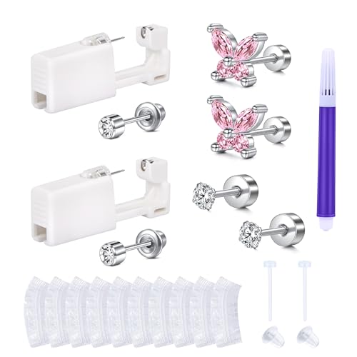 AVYRING Ear Piercing Kit Ear Piercing Gun with Zircon Earrings Studs Disposable Ear Piercing Kit Hypoallergenic Ear Piercing Gun Kit Self at Home 20g Flat Back Ear Piercing Earrings Butterfly - Image 1