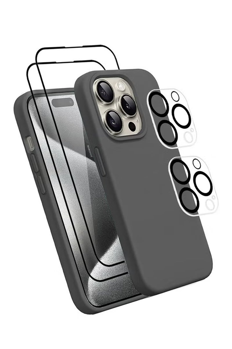CATANES 5 Packs iPhone 15 Pro Case 2 Screen Protectors and 2 Camera Lens Protectors Upgrade Defender Silicone Cover ShockProof Anti-Scratch Protective Phone Case Dark Grey 