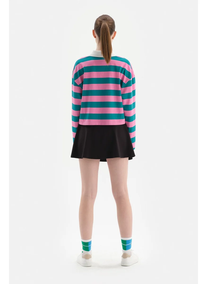 dagi Pink Women's Sweatshirt Collar Striped