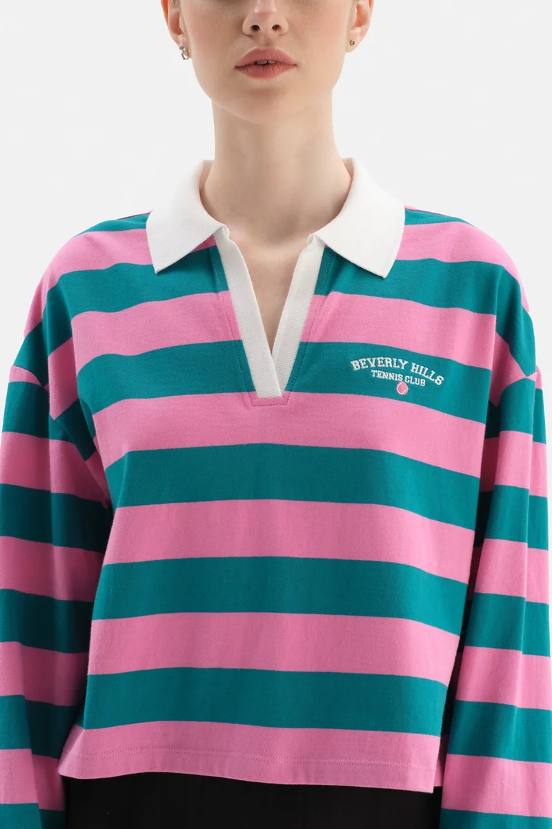 dagi Pink Women's Sweatshirt Collar Striped