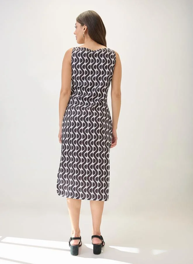 globus Black Cowl Neck Side Slits Sheath Midi Dress
