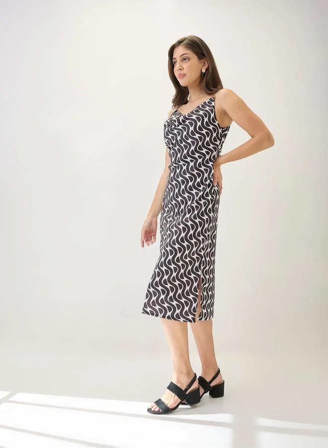 globus Black Cowl Neck Side Slits Sheath Midi Dress