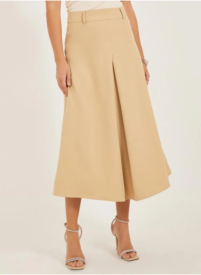 Styli Pleated A-Line Midi Skirt with Belt Loop Detail