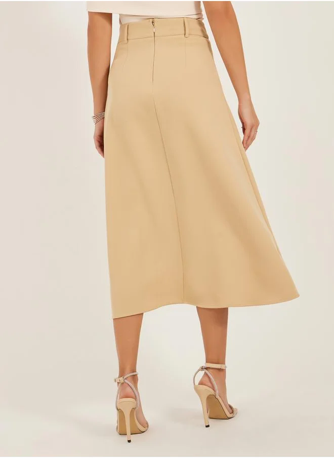 Styli Pleated A-Line Midi Skirt with Belt Loop Detail