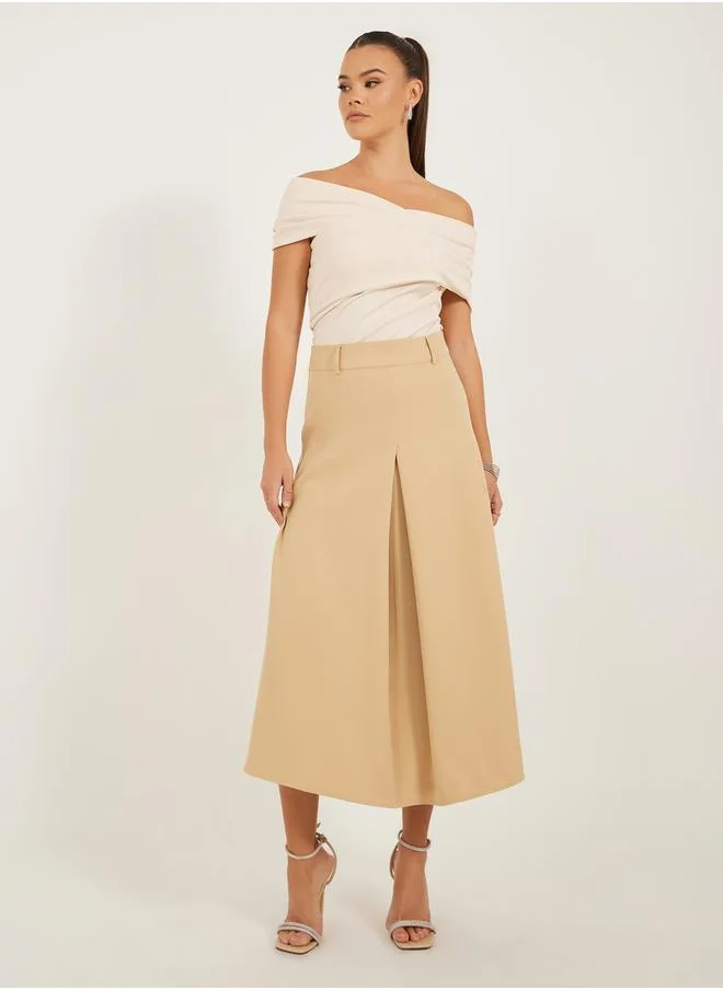 Styli Pleated A-Line Midi Skirt with Belt Loop Detail