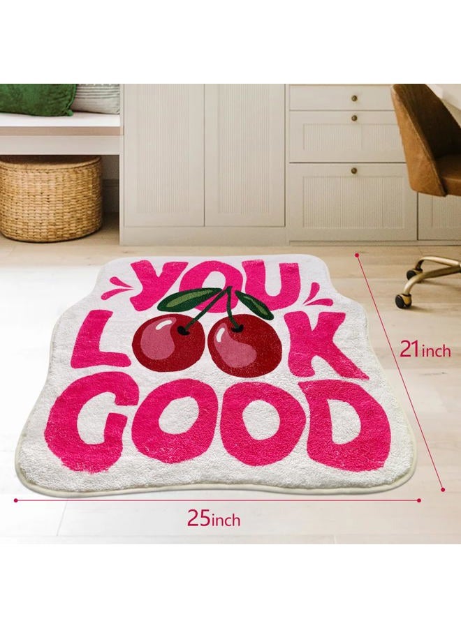 SHIYUE You Look Good Bath Mat Cute Cherry Funny Bathroom Rug, Soft Absorbent Water Non Slip, Superior Washable Microfiber Cool Shower Preppy Decor Rug (21"x25"Pink) - Image 2