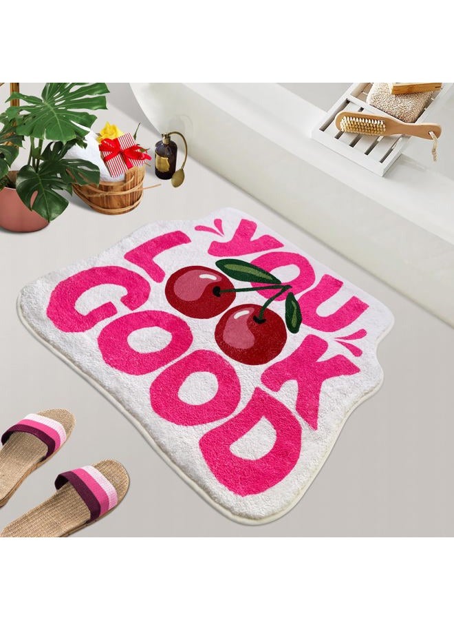 SHIYUE You Look Good Bath Mat Cute Cherry Funny Bathroom Rug, Soft Absorbent Water Non Slip, Superior Washable Microfiber Cool Shower Preppy Decor Rug (21"x25"Pink) - Image 1