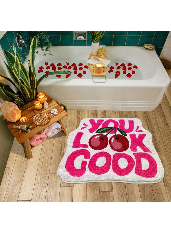SHIYUE You Look Good Bath Mat Cute Cherry Funny Bathroom Rug, Soft Absorbent Water Non Slip, Superior Washable Microfiber Cool Shower Preppy Decor Rug (21"x25"Pink) - Image 4
