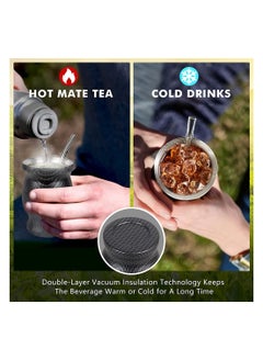 KASTWAVE Yerba Mate Tea Cup 230ml Black Grid Stainless Steel Double Walled Easy Wash Household Insulation Cup Mate Gourds for Yerba Mate Loose Leaf Drinking Includes Bombilla Straw and Cleaning Brush  - Image 2