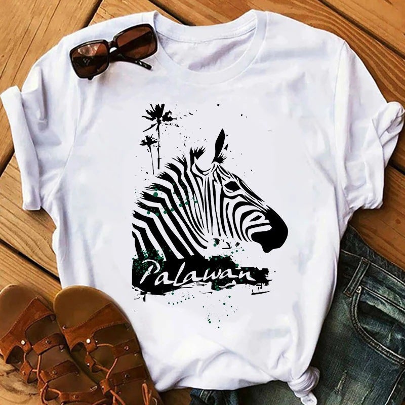 2025 Foreign Trade New Summer Horse Animal Print Pattern Women's Top Short-sleeved T-shirt