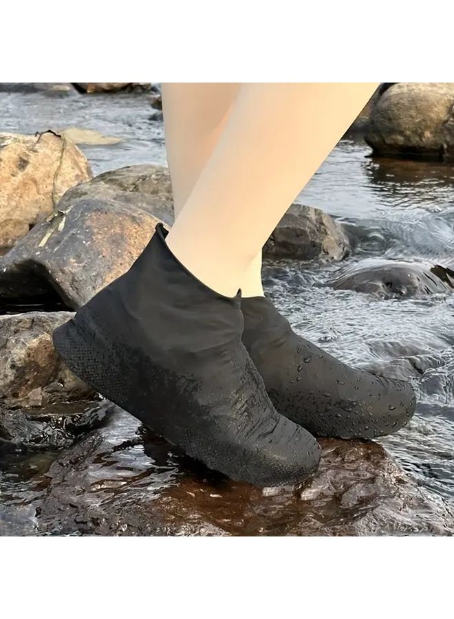Black Large Waterproof Latex Rain Boots 2 Pairs Reusable Outdoor Shoe Covers - Image 1