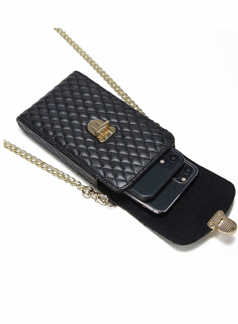 Generic Cell Phone Bag Women Crossbody Small Shoulder Handbags Luxury Quilted Wallet Purse Soft Vegan PU Leather Case Ladies Dating Bag with Gold Chain Strap (Black)  - Image 4