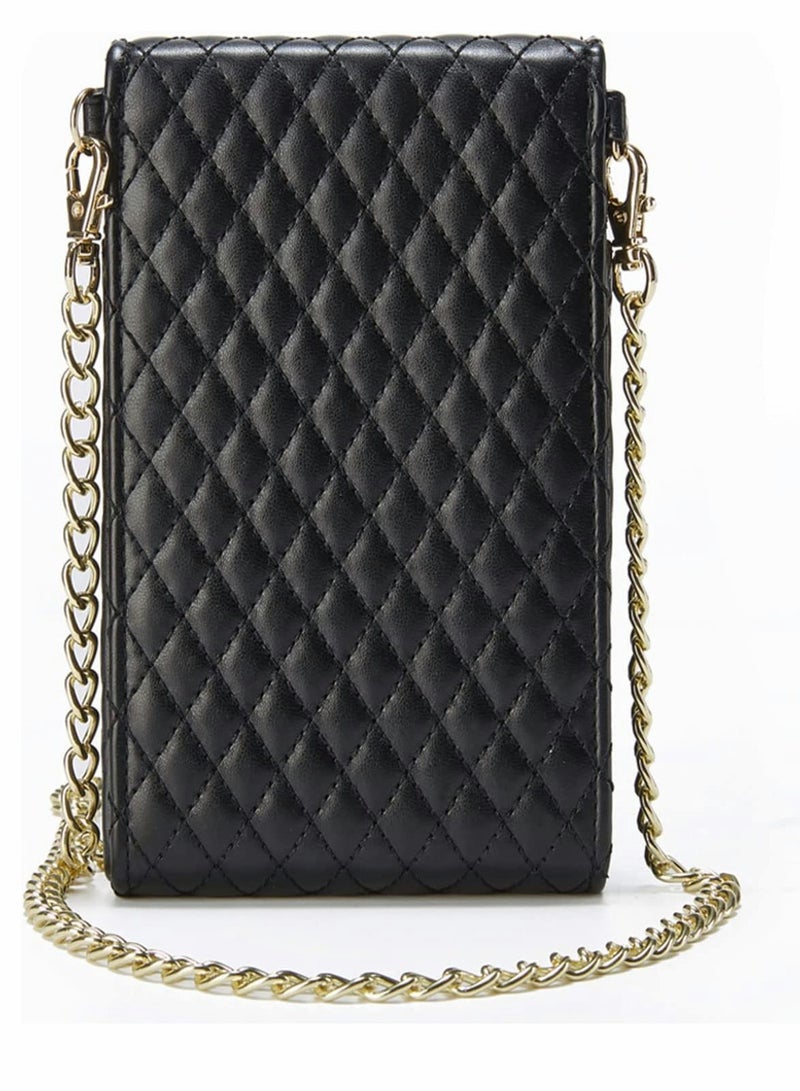 Generic Cell Phone Bag Women Crossbody Small Shoulder Handbags Luxury Quilted Wallet Purse Soft Vegan PU Leather Case Ladies Dating Bag with Gold Chain Strap (Black)  - Image 2