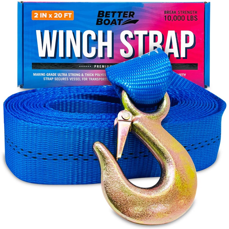 Better Boat Boat Trailer Winch Strap with Hook, Heavy Duty Replacement for Hand Crank Trailer, 2 Inch x 20 Feet, 10,000 Lbs Capacity, Towing and Bow Boat Strap - Image 1