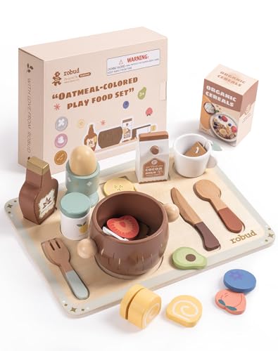 ROBUD 31Piece Wooden Play Food Set for Kids Coconut Oats Montessori Kitchen Toys Educational Pretend Play Dishes with Accessories for Toddlers - Image 1