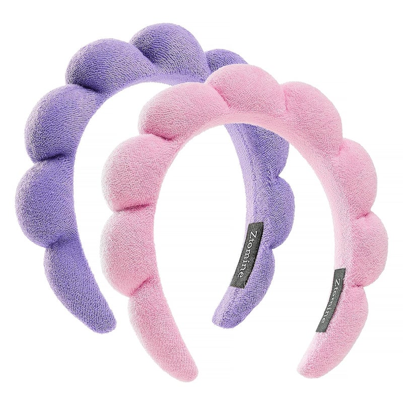 Ztomine Store Spa Facial Headbands Combo Pack - 2 Terry Cloth Makeup Headbands for Face Washing, Masks, and Skin Treatments (Pink + Purple) - Image 1