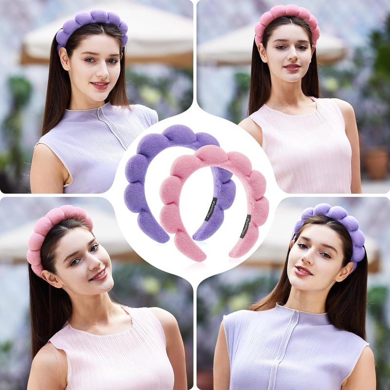 Ztomine Store Spa Facial Headbands Combo Pack - 2 Terry Cloth Makeup Headbands for Face Washing, Masks, and Skin Treatments (Pink + Purple) - Image 5