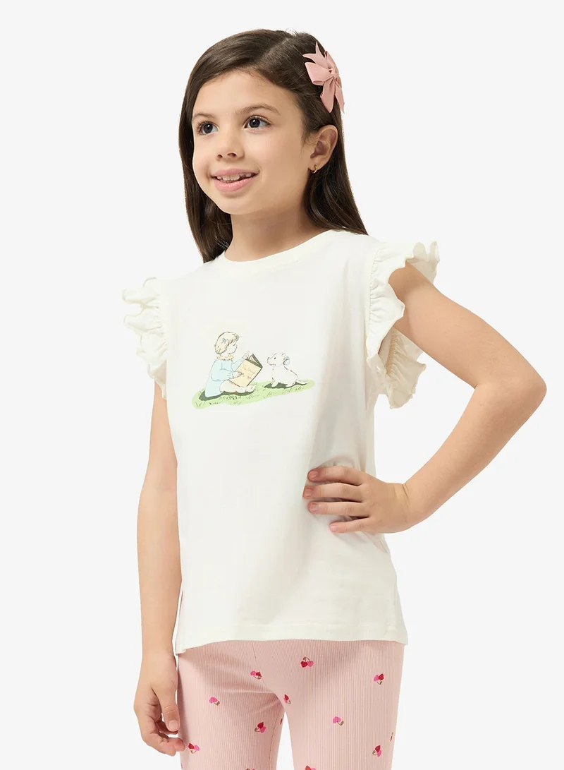 Pinata Reading Girl Printed Frill Shoulder Cotton Tshirt