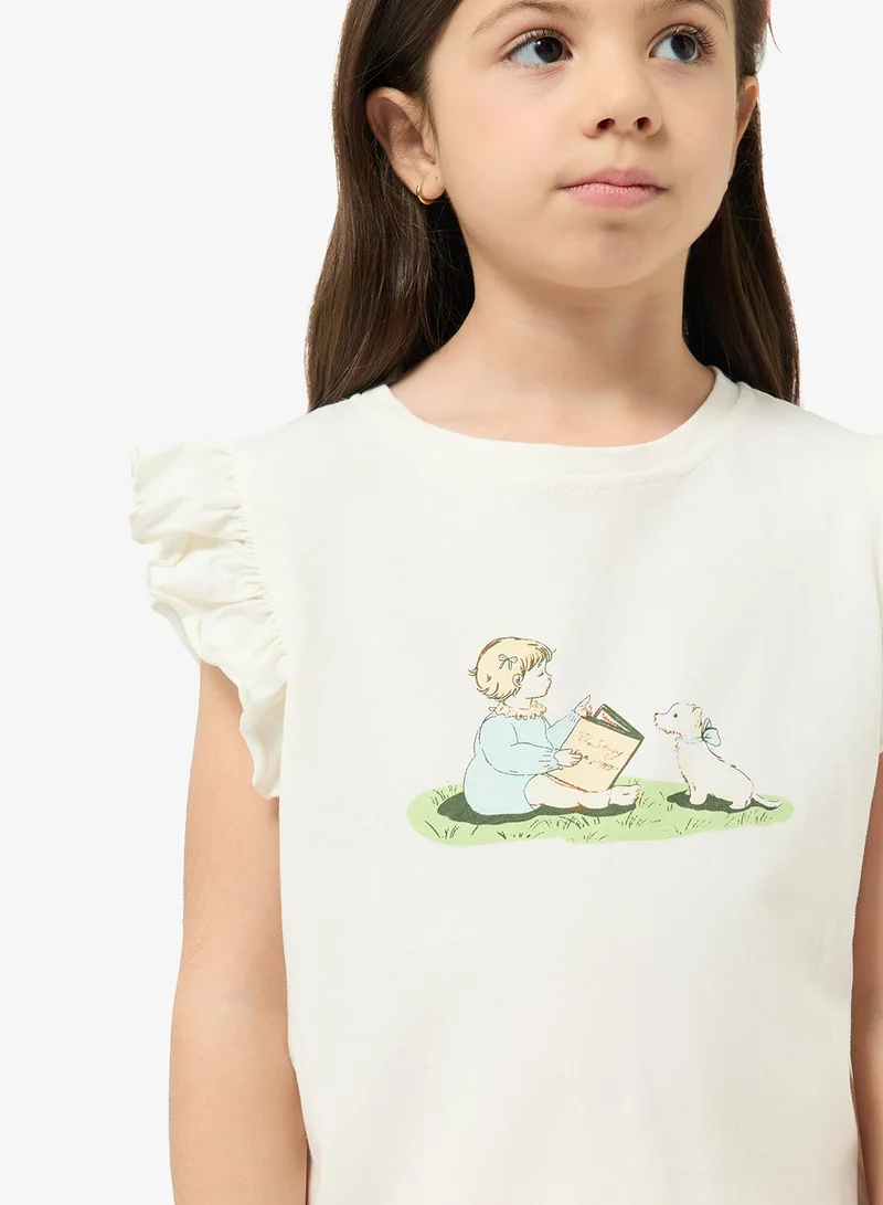 Pinata  Reading Girl Printed Frill Shoulder Cotton Tshirt for Women | Best Price UAE