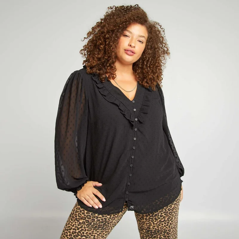 Kiabi Ruffled Dotted Swiss Blouse Black