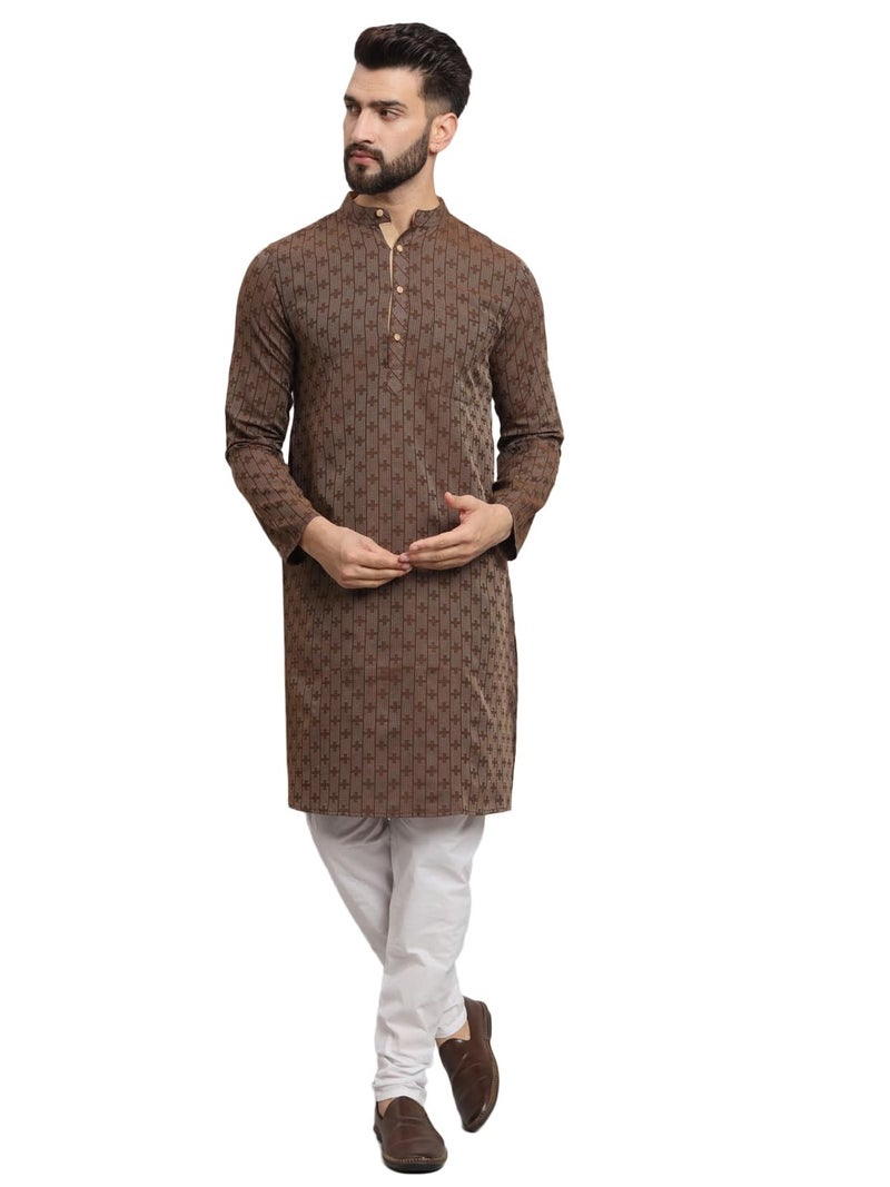 LATEST CHIKAN Men's Cotton Regular Striped Knee Lenght Kurta Full Sleeves - LK_+_BR-46 Brown - Image 1