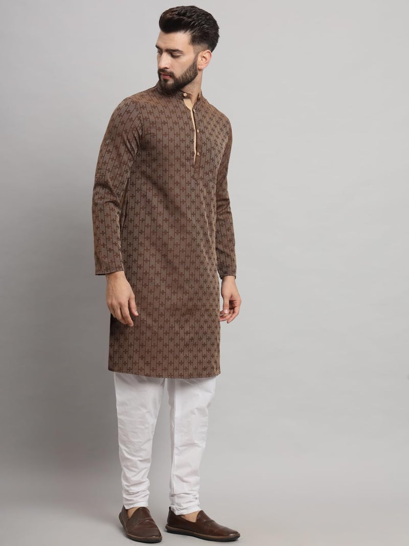 LATEST CHIKAN Men's Cotton Regular Striped Knee Lenght Kurta Full Sleeves - LK_+_BR-46 Brown - Image 3