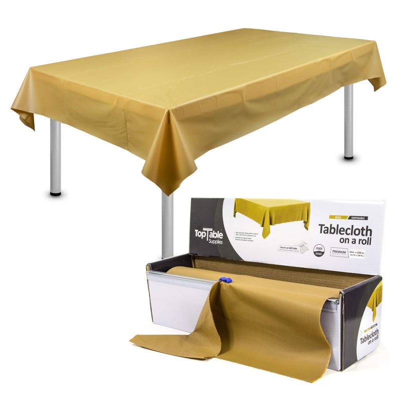 Top Table Supplies Top Table Supplies Heavy Duty Gold Plastic Table Cloth Roll in A CuttoSize Box with Convenient Slide Cutter Premium Thicker Material 54inch x 108ft for up to 12 x 6ft Rectangular Tables