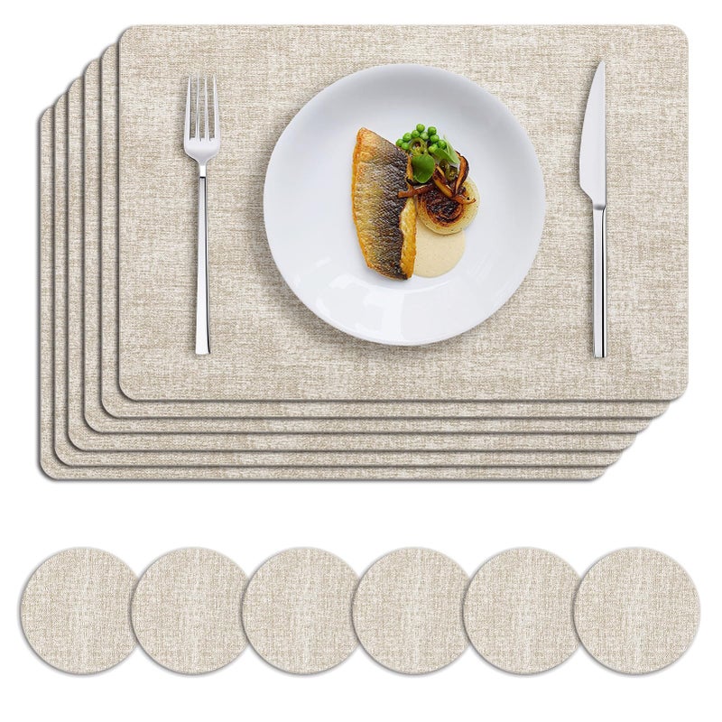MOSAYT Faux Leather Placemats Set of 6, Heat Resistant Wipeable Washable Vinyl Place Mats with Coasters, Waterproof Oil Proof Table Mats for Kitchen Dining Party Indoor Outdoor, 12" x 17", Beige - Image 1