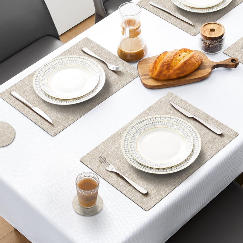 MOSAYT Faux Leather Placemats Set of 6, Heat Resistant Wipeable Washable Vinyl Place Mats with Coasters, Waterproof Oil Proof Table Mats for Kitchen Dining Party Indoor Outdoor, 12" x 17", Beige - Image 2