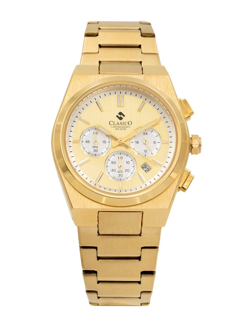 Clasico Eclipse Lady – Gold Radiance with White Detailing – 6-Hands Chronograph Watch with Steel Strap – Waterproof Design 32mm - Image 1