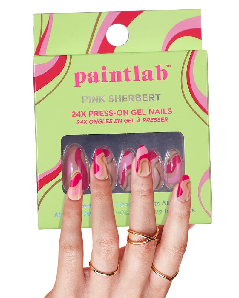 PaintLab Press-On Nails Manicure Kit, Pink Sherbert, 24-Piece Set, Long-Lasting Fake Nails with Glue, File, Prep Pad & Cuticle Stick