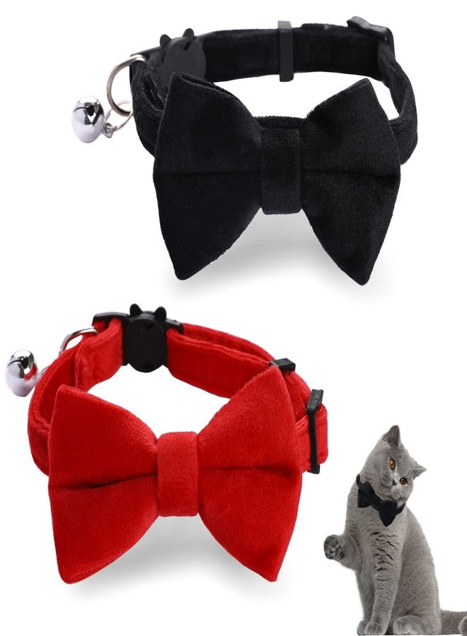 Sliverdew 2 Pcs Velvet Cat Collar with Bell and Bowtie, Adjustable Breakaway Cat Collars Kitten Small Puppy Safety Bow Tie Solid Wedding Basic Color Cat Bow Tie Collar - Image 1