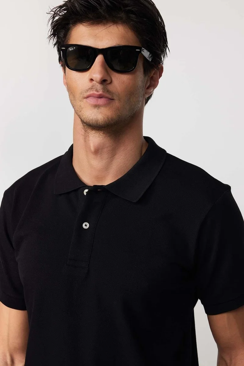 تودورس Men's Slim Fit Narrow Cut 100% Cotton Plain Pique Black Polo Neck T-Shirt
