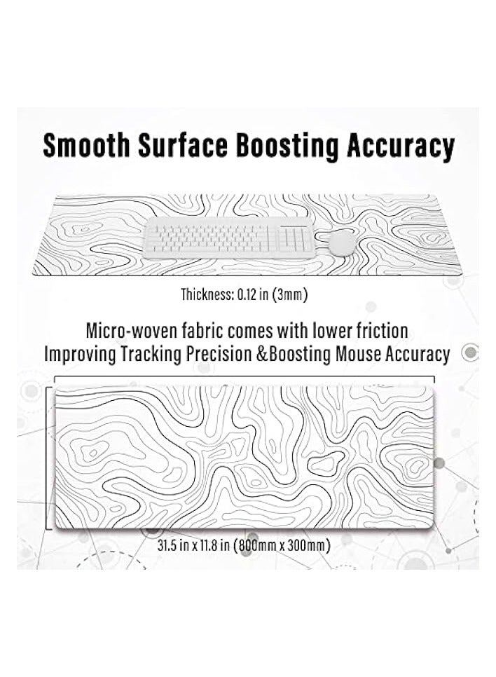 PROMASS Large Gaming Mouse Pad with Stitched Edges, Minimalist Topographic Map Desk Mat, Extended XL Mousepad with Anti-Slip Base, Cool Desk Pad for Keyboard and Mouse, 31.5 x 11.8 in, White  - Image 3