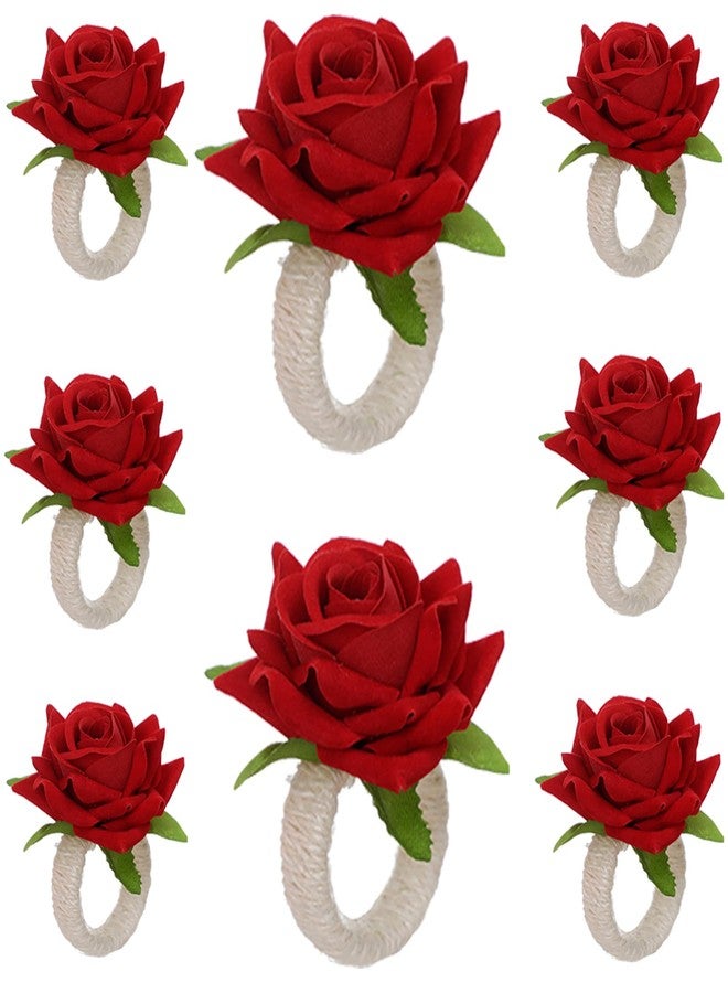 LXKBD Napkin Rings Set of 8,Red Rose Artificial Flower Burlap Ring Holder Gift for Mother's Father's Valentine's Day Christmas Wedding Party Home Daily Table Decoration - Image 1