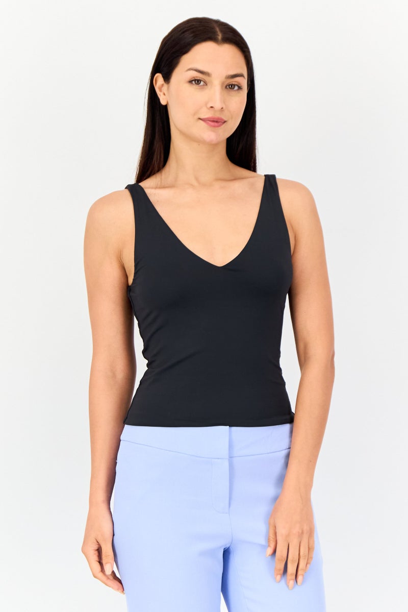 bebe Women V Neck Solid Sleeveless Top, Black - Image 1