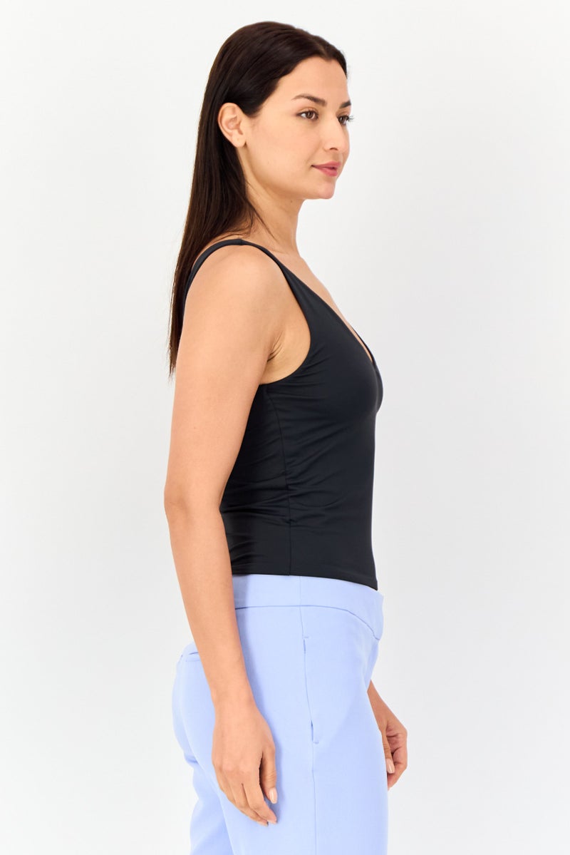 bebe Women V Neck Solid Sleeveless Top, Black - Image 2