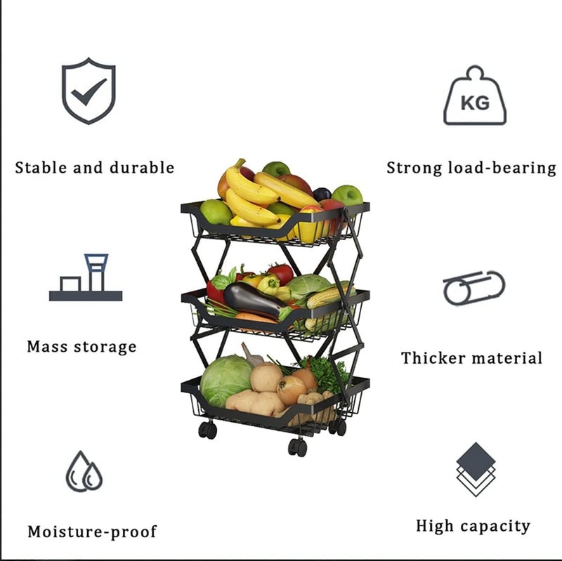 Earwig Foldable Vegetable Fruit Basket Stand Stackable Kitchen Storage Cart with Brake Wheels Metal Mesh Organizer for Bathroom Living Room Pantry 3L BASKET - Image 4