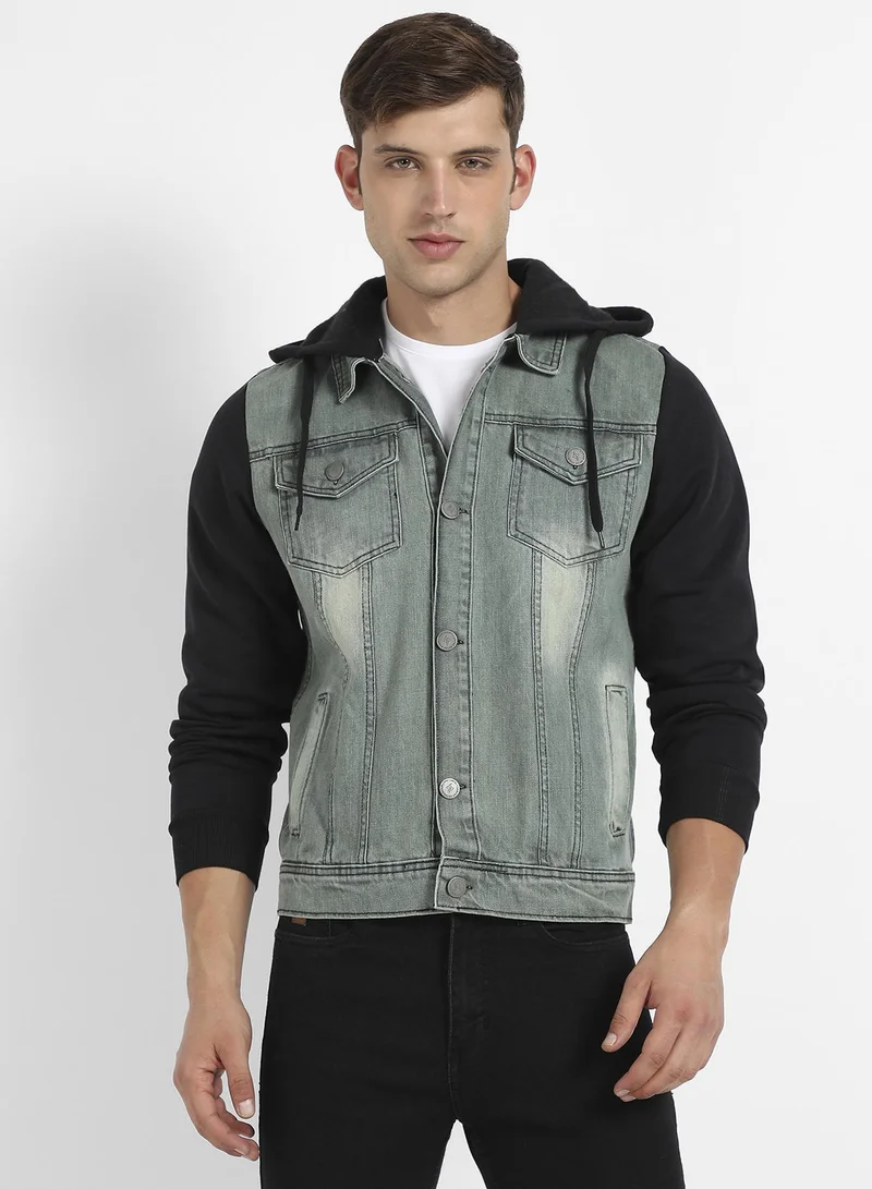 Campus Sutra Men's Grey & Black Light-Wash Denim Jacket With Sweatshirt Sleeve