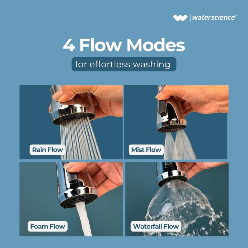 WaterScience ملحق صنبور للمغسلة | 4 أوضاع تدفق | موسع صنبور مرن للصنابير | هوائيات لصنبور الماء | توفير يصل إلى 55% من الماء - الأفضل - Image 3