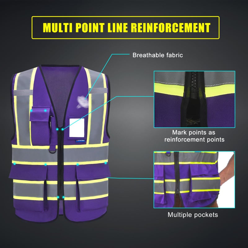AYKRM 11 colors available safety vest reflective purple High Visibility Reflective Safety Vest for Women Men High Visibility Security with Pockets Zipper - Image 5