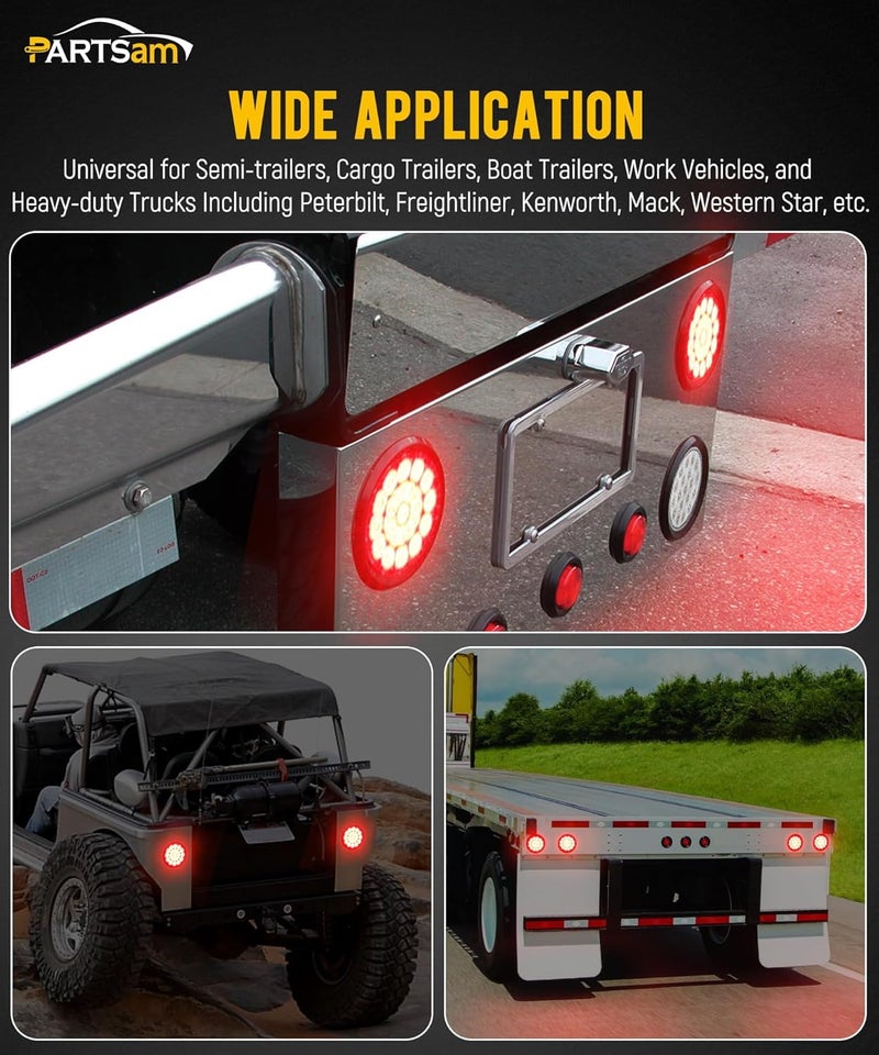 Partsam 2Pcs 4 Inch Round Red Stop Turn Tail Lights and White Backup Lights Kit 19 Diodes w/Rubber Grommets & 3-Prong Wire Pigtails, Red/White Round Led Truck Trailer Tail Lights and Reverse Lights - Image 5